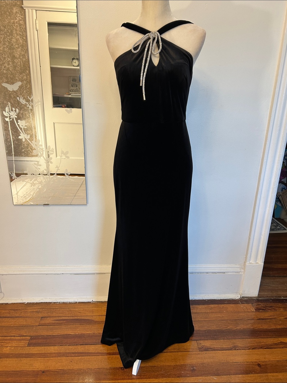 Eliza J Black Velvet Halter Maxi Dress with Silver Tie